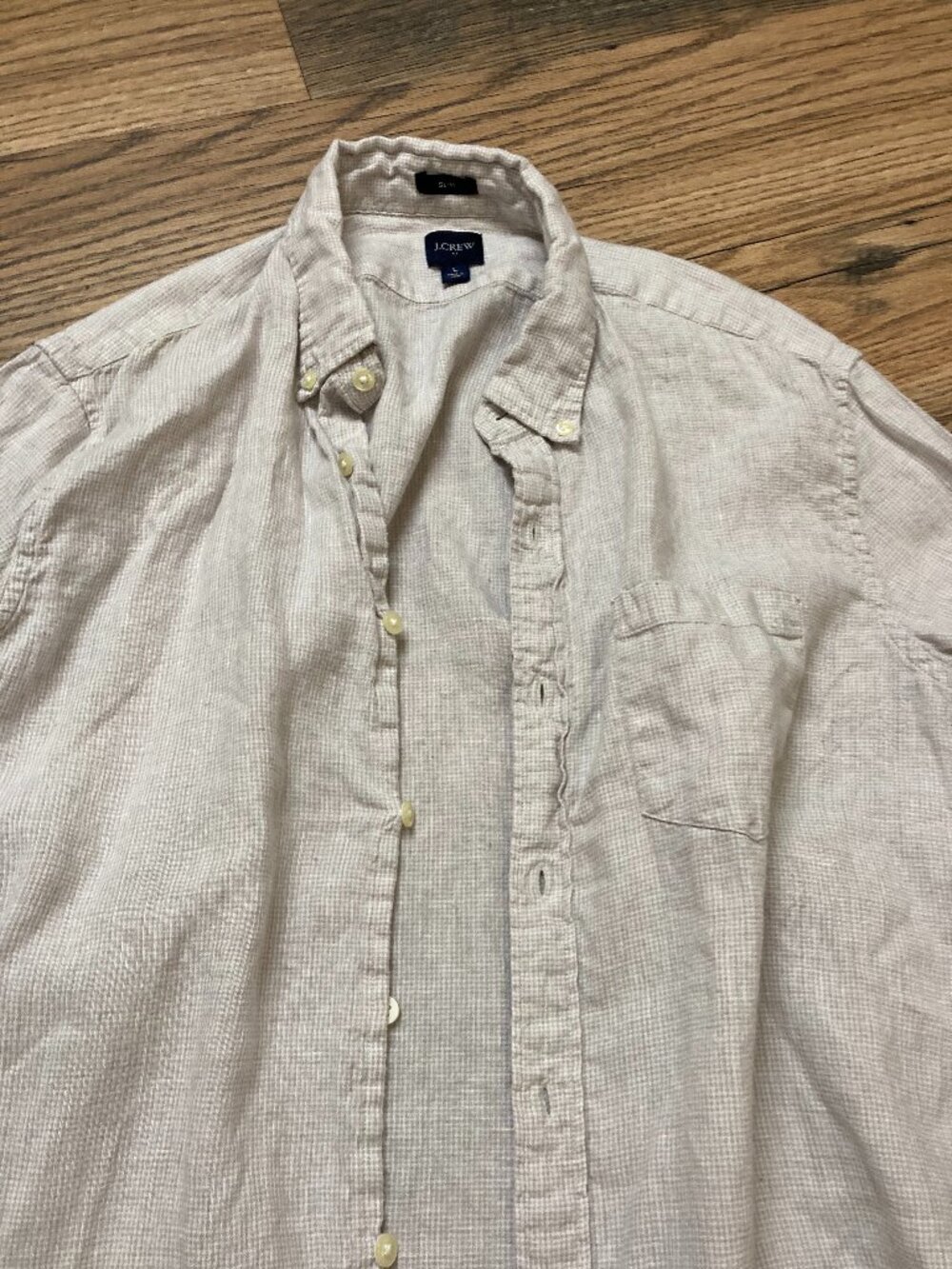 J.Crew Men’s L Slim Fit Linen Cotton Button Down Shirt Beige Check Long Sleeve